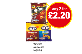 KP Original Dry Roasted Peanuts, Original Salted, McCoy's Flame Grilled Steak - Any 2 for £2.20 at Premier
