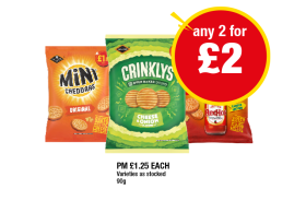 Mini Cheddars Original, Red Hot, Crinkly's Cheese & Onion - Any 2 for £2 at Premier