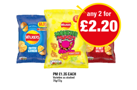 Walkers Cheese & Onion, Ready Salted, Monster Munch Roast Beef - Any 2 for £2.20 at Premier