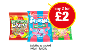 Drumstick Choos, Squashies, Sour Shooting Stars - Any 2 for £2 at Premier