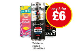 Smirnoff Miami Peach, Captain Morgan Spiced Gold Pepsi Max, Jack Daniels Coca Cola - Any 3 for £6 at Premier