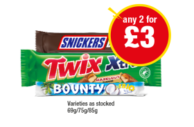 Snickers Duo, Twix Xtra, Bounty - Any 2 for £3 at Premier