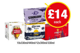 Stella Artois, Strongbow Dark Fruits, Corona, Estrella, Budweiser - Now Only £14 at Premier