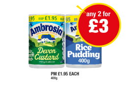 Ambrosia Devon Custard, Rice Pudding - Any 2 for £3 at Premier