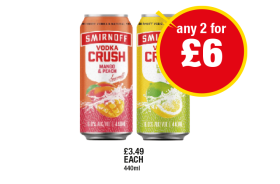 Smirnoff Vodka Crush Mango & Peach, Lemon & Lime - Any 2 for £6 at Premier