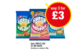 Super Noodles Chicken & Mushroom, Bacon, Curry - Any 3 for £3 at Premier