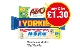 Aero Peppermint, Yorkie, Milkybar - Any 2 for £1.30 at Premier
