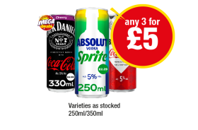 Jack Daniels Coca Cola, Absolut Vodka Sprite, Bacardi Coca Cola - Any 3 for £5 at Premier