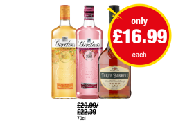 Gordon's Gin Mediterranean Orange, Pink, Three Barrels Brandy - Now Only £16.99 each at Premier