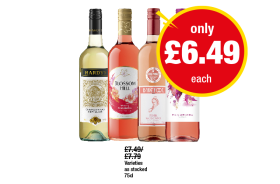 Hardy's Chardonnay, Blossom Hill White Zinfandel, Barefoot Pink Moscato, Echo Falls White Zinfandel - Now Only £6.49 at Premier