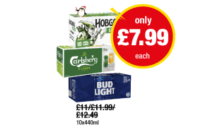 Hobgoblin Session IPA, Carlsberg, Bud Light - Now Only £7.99 each at Premier