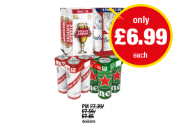 Stella Artois, Budweiser, Red Stripe, Heineken - Now Only £6.99 each at Premier