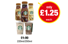 Starbucks Frappuccino Coffee, Mocha, Vanilla, Caffe Latte, Cappuccino - Was £1.99 - Now only £1.25 each at Premier