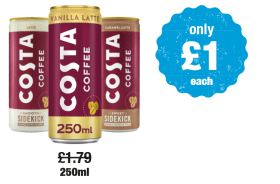 Costa Coffee Latte Smooth Sidekick, Vanilla Latte, Caramel Latte - Was £1.79 - Now only £1 each at Premier