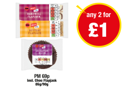 Jack's Bakewell Flapjack, Buttery Flapjack, Double Choc Muffin - Any 2 for £1 at Premier