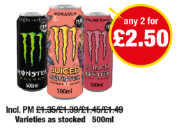 Monster Energy, Juiced Monarch, Pipeline Punch - Any 2 for £2.50 at Premier