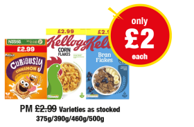 Nestle Curiously Cinnamon, Corn Flakes, Bran Flakes - Was PM £2.99 - Now only £2 each at Premier