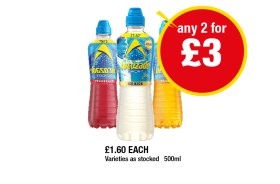 Lucozade Raspberry, Ice kick, Orange - Any 2 for £3 at Premier
