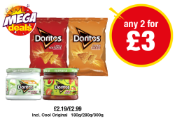 Doritos Chilli Heatwave, Tangy Cheese, Doritos Sour Cream and Chives, Mild Salsa - £2.19/ £2.99 - Any 2 for £3 at Premier