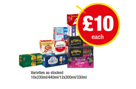 Budweiser, Coors, Stella Artois, Kopparberg Strawberry Variety, Berry Variety, Amstel, Sol, Magners, Poretti, Thatchers Apple & Blackcurrant - Now Only £10 at Premier