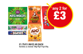 Matchmakers Cool Mint, Rowntrees Bottle Bops, Smarties, Reese's Peanut Butter Disco Lights, Aero Bubbles Orange, Celebrations - Any 2 for £3 at Premier
