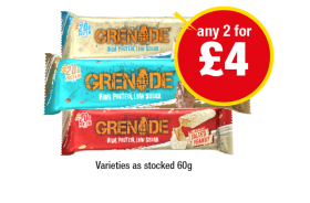Grenade White Choco Cookie, Salted Caramel, Salted Peanut - Any 2 for £4 at Premier