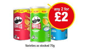 Pringles Original, Sour Cream & Onion, Salt & Vinegar - Any 2 for £2 at Premier