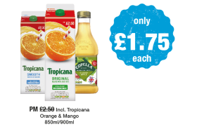Tropicana Smooth Orange Juice, Original Orange Juice with Bits, Copella Cloudy Apple - Was PM £2.50 - Now only £1.75 each at Premier