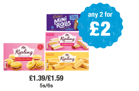 Mr Kipling Viennese Whirls, Lemon Layered Slices, Angel Slices, Cadbury Mini Rolls - Any 2 for £2 at Premier