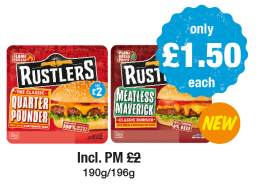Rustlers The Classic Quarter Pounder, Meatless Maverick Classic Burger - Incl. Was PM £2 - Now only £1.50 each at Premier
