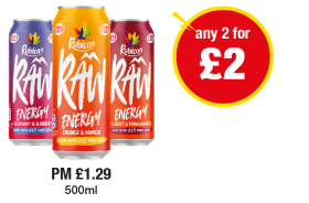 Rubicon Raw Energy Raspberry & Blueberry, Orange & Mango, Cherry & Pomengranate - PM £1.29 - Any 2 for £2 at Premier