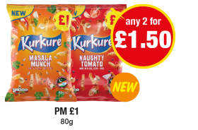 Kurkure Masala Munch, Naughty Tomato - PM £1 - Any 2 for £1.50 at Premier