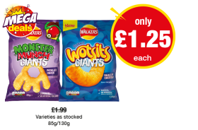 MEGA DEAL: Walkers Monster Munch Giants Pickled Onion, Wotsits Giants Really Cheesy - Was £1.99 - Now only £1.25 each at Premier